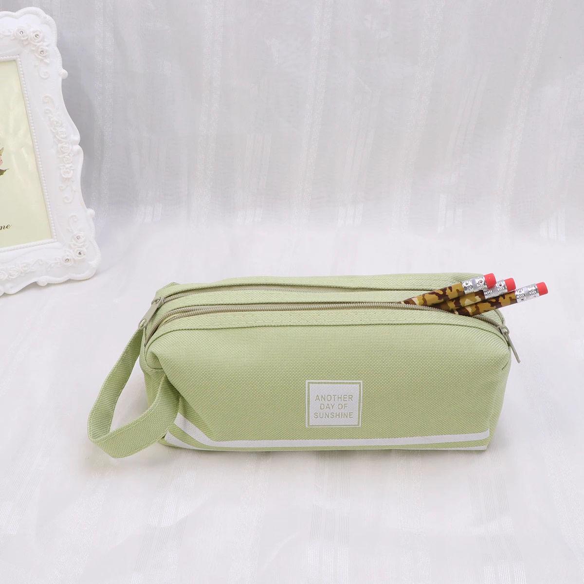 

Large Capacity Double Layer Canvas Pencil Bag Pen Case Coin Pouch Light Pink Portable Zipper Organizer
