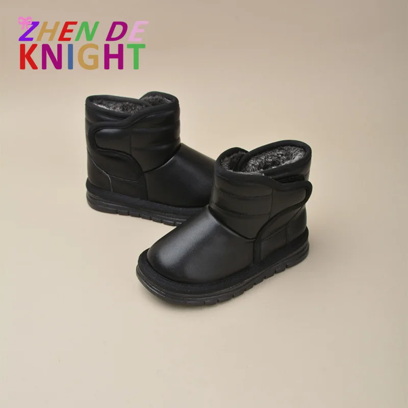 

New Winter Soft-Soled Kids Snow Boots Black PU Casual Fleece-Lined Warm Cotton Footwear for Boys & Toddler Girls