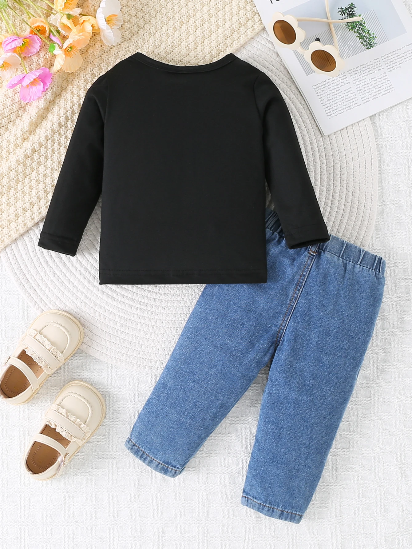 0-3 year old summer newborn new solid color printed pullover sweater with round neck long sleeved T-shirt+denim warehouse set,