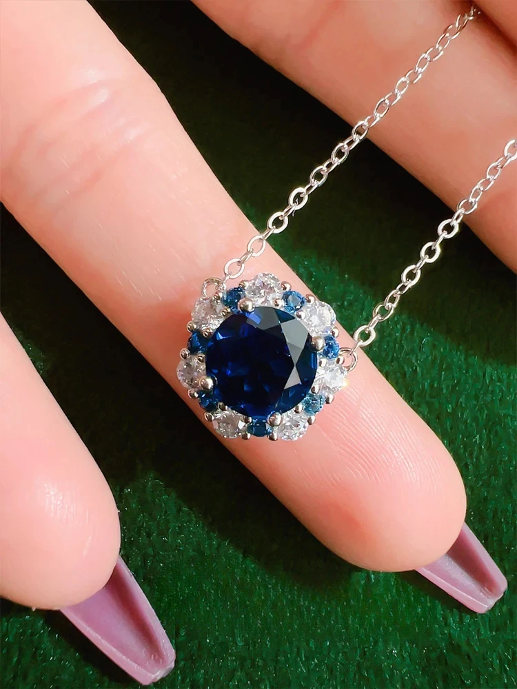 Fashionable luxury versatile pure silver sapphire blue pendant set paired with high carbon diamond wedding jewelry
