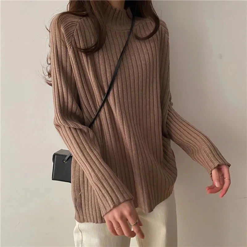 Turtleneck Knitted Sweater Women Autumn Winter Fashion Loose Long Sleeve All Match Pullover Sweaters Solid Office Lady Jumper