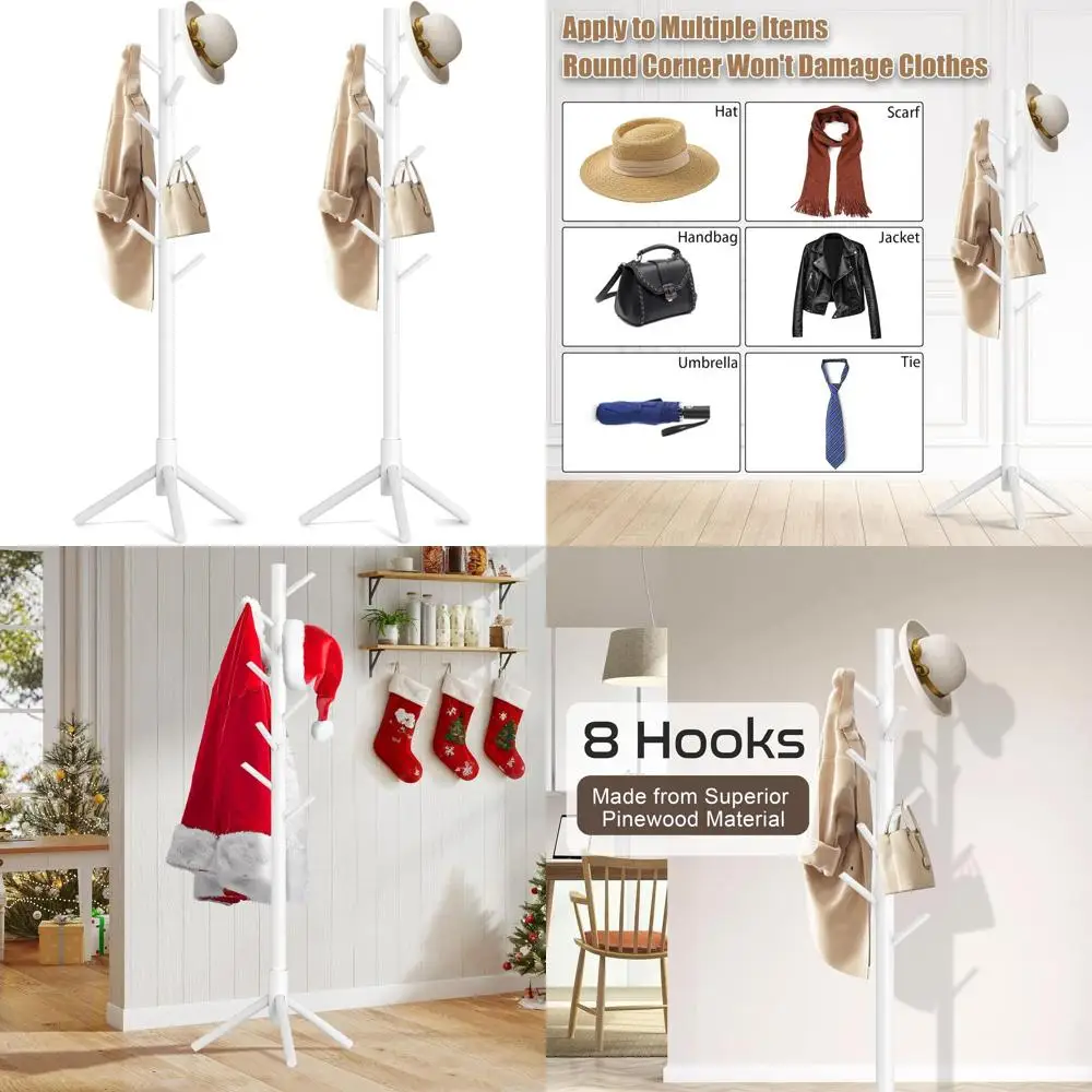 

8-Hook Wooden Coat Rack Stand, Adjustable Tree for Hats, Coats, and Accessories, Suitable for Home and Office, Set of 2 in White