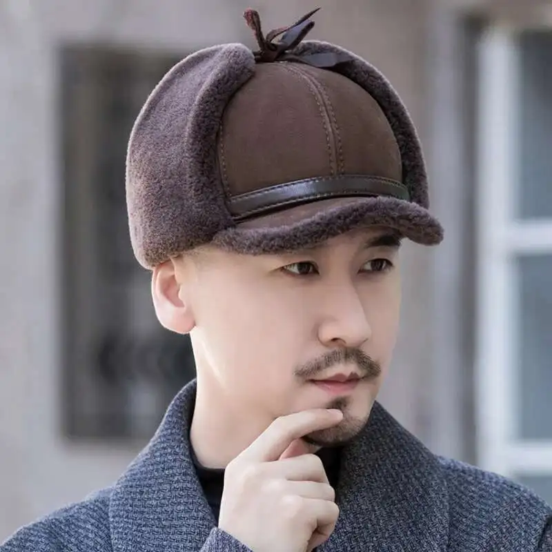Real Sheep Leather Cap Winter Outdoor Warm Fur Hat Thick Warm Cap With Earflaps Male Bomber Hat Pilot Hat Male Russian Fur Caps