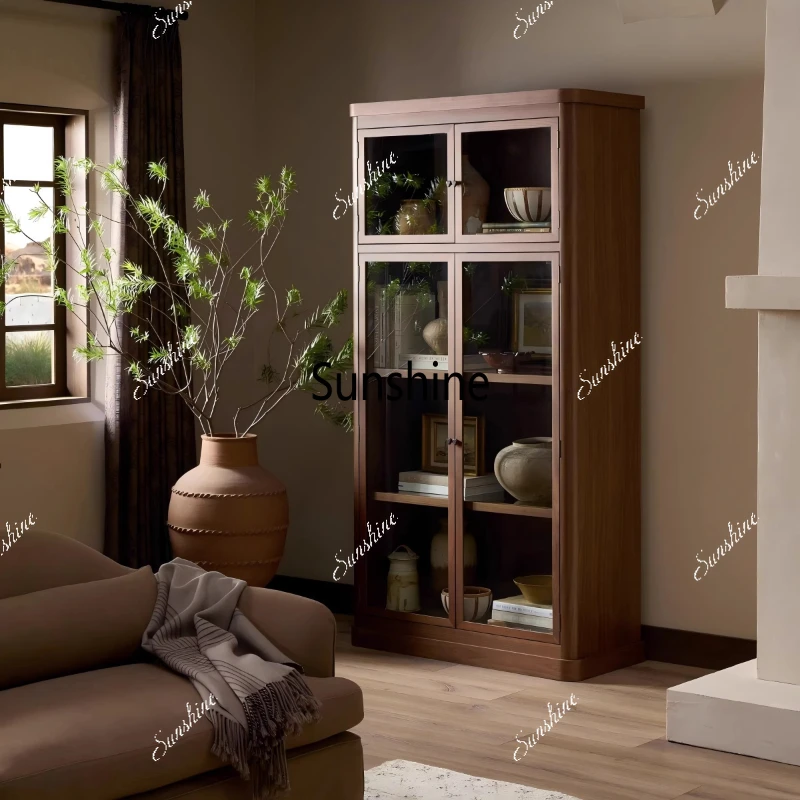 

Medieval solid wood bookcase French glass dust door storage, living room, floor