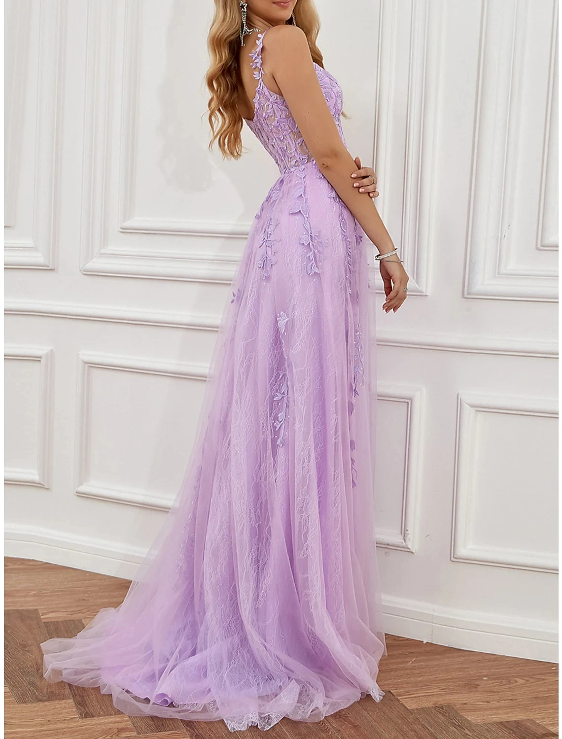 Lilac A-line Prom Dress 2025 Sweetheart Tulle Backless Appliques Lace Slit Evening Party Gowns Robe De Soiree