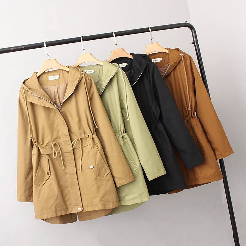 

Nice Spring Autumn Trench Coat Pop Casual Long Sleeve Lacing Waist Hooded Windbreaker Female Outerwears Large Size 3XL 4XL R810