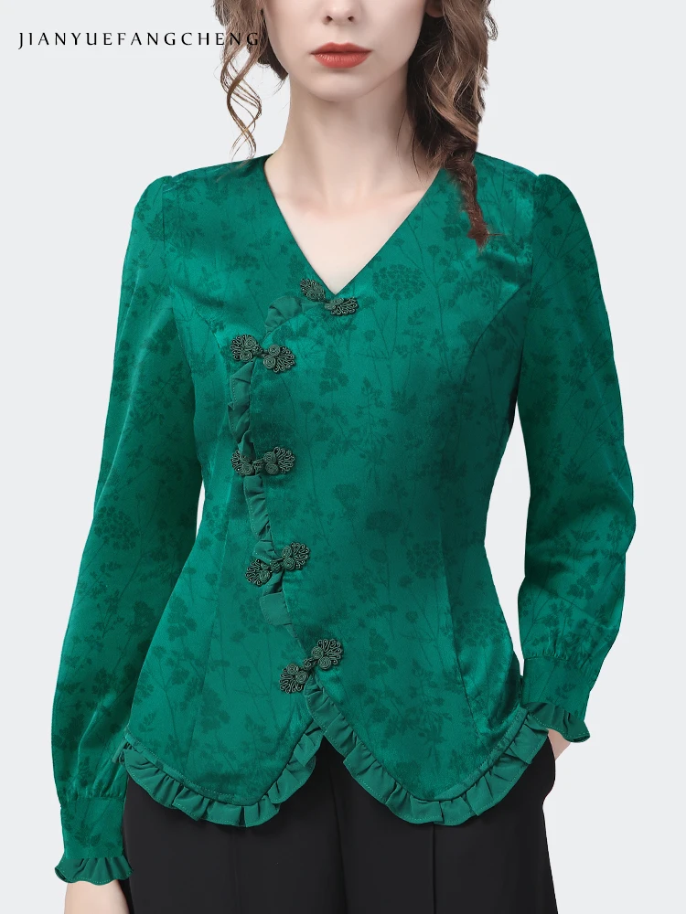 Vintage Women\' Long Sleeve Green Jacquard Blouse Elegant Slim V-Neck Irregular Button Tops 2022 Autumn New Ladies Casual Shirts