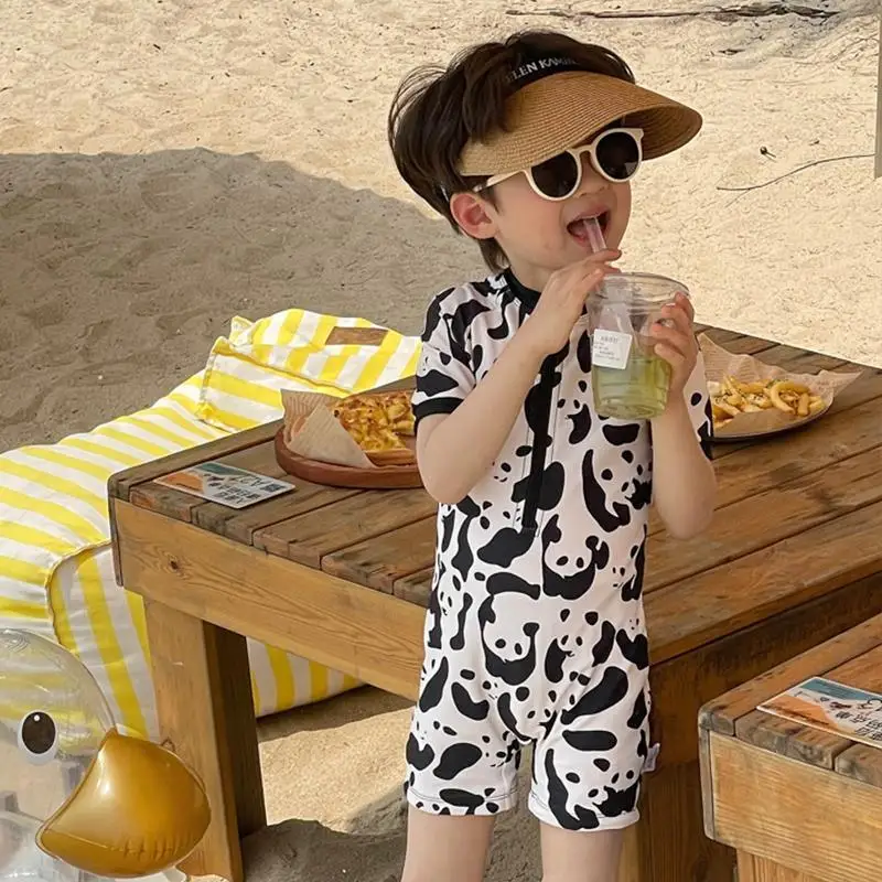 Summer Kids Swimwear Boys Beach Wear Plaid One-piece & Split Long Sleeve Boys Swimwear with Cap Sunscreen Baby Clothes 5