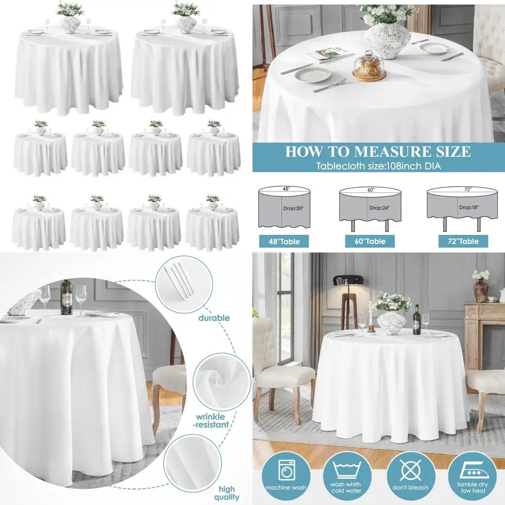 

Stain and Wrinkle Resistant Polyester Tablecloths, 10 Pack, 108 Inch Round Dining Table Covers for Kitchen and Dining Room Use