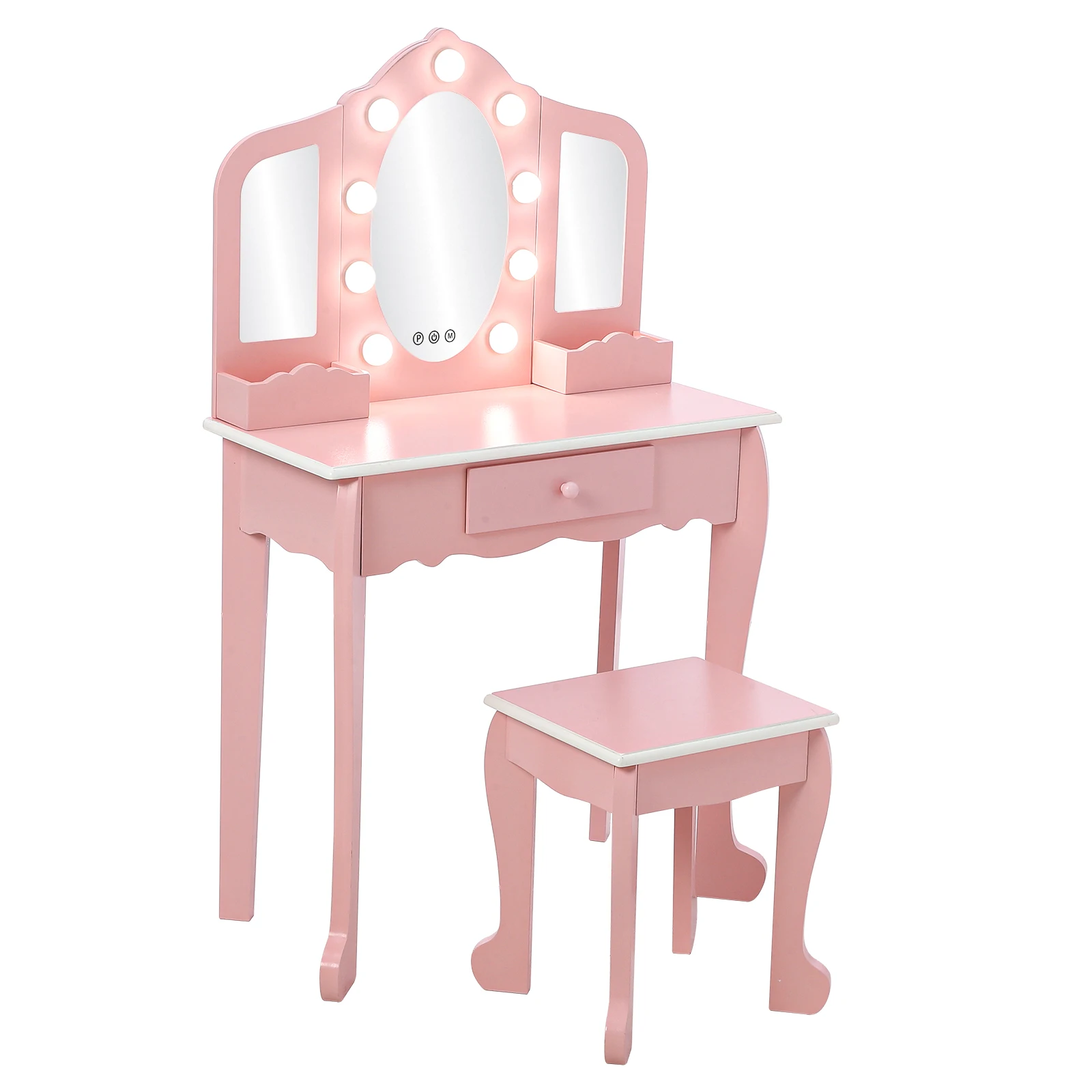 

Pretend Play Kids Vanity Set with Mirror and Stool, Kids Make Up Vanity Desk with Mirror and Drawer for Little Girls, Pink