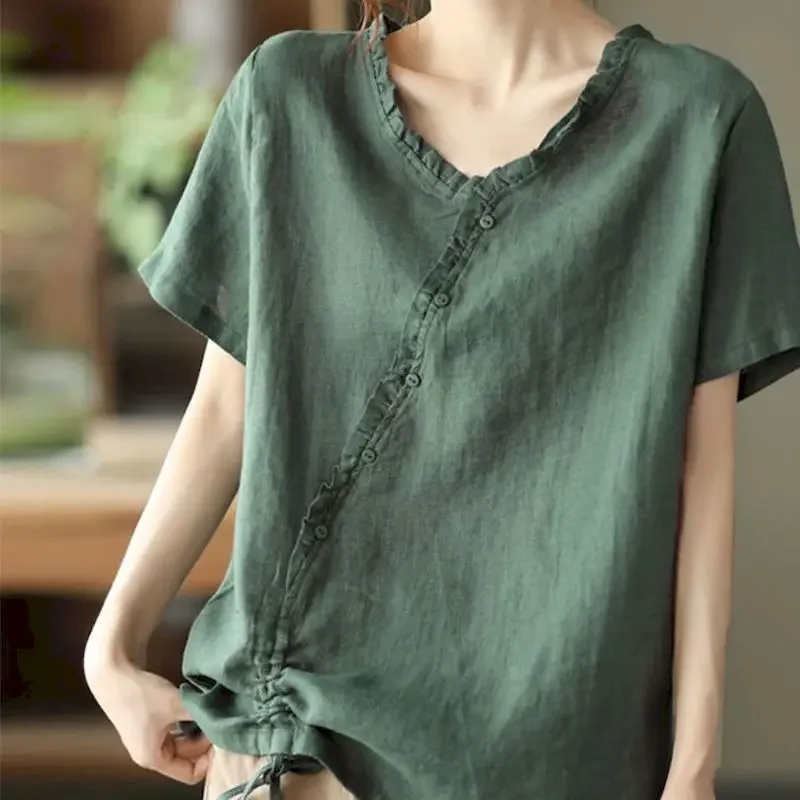 

Cotton T Shirts Women Diagonal Flap Drawstring T-shirt Art Sweet Fashion Loose Short Sleeve Tops Summer Trend Thin Tshirt Z163