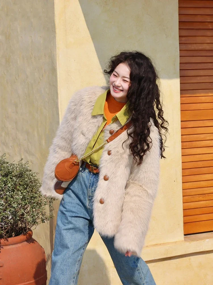 Commuter Round Neck Long Sleeve Furry Jackets Winter Korean Style New Fox Fur Thickened Slim Fit Short Women Faux Fur Coat