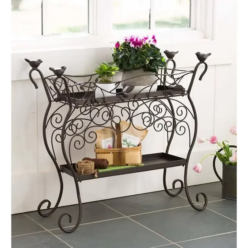 for Plow & Hearth Two Shelf Cast Iron Plant Stand With Birds