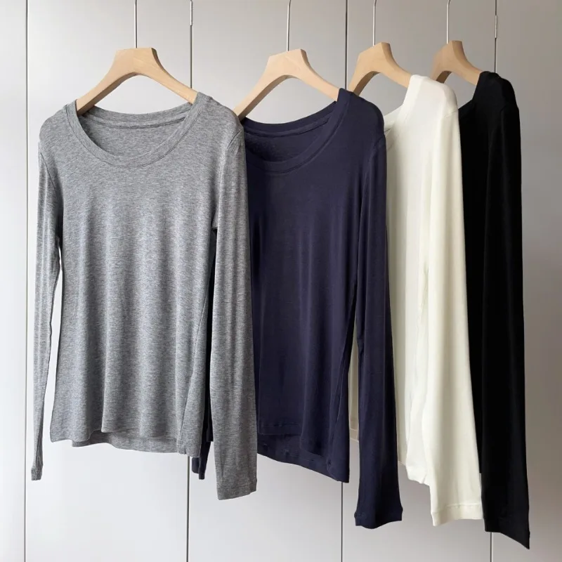 Comfortable Wool Women's Round Neck Soft Waxy High Elastic Pullover Base Long Sleeve T-shirt Base