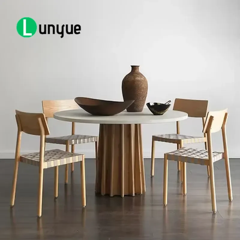Nordic Round Dining Table with Concrete Top Wooden Base Modern Center Accent Table for Dining Room Living Room Home Furniture
