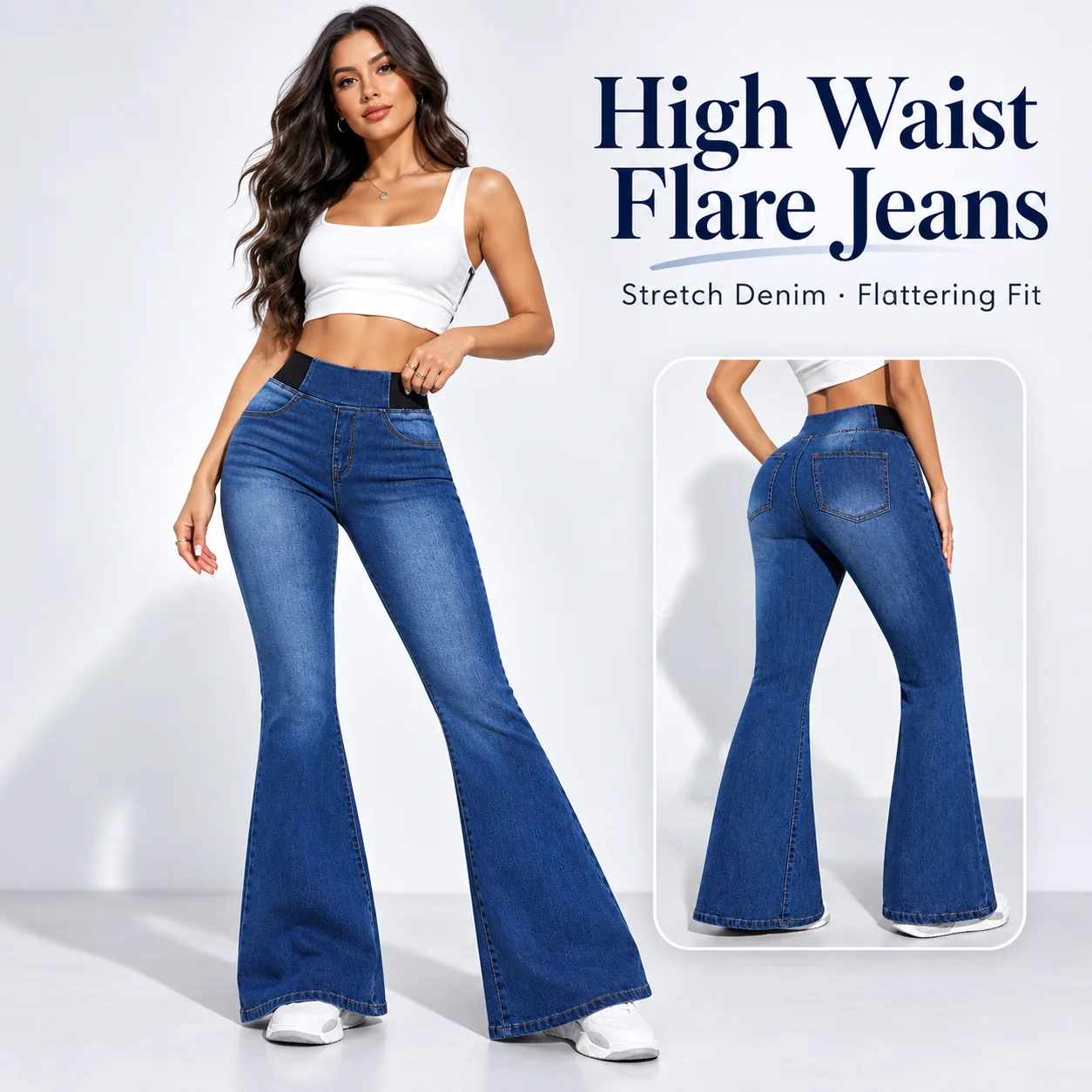 Women's Washed Flare Jeans High Waisted Slim Fit Stretch Denim Pants Comfortable Bell Bottom Trousers Office Siren Style