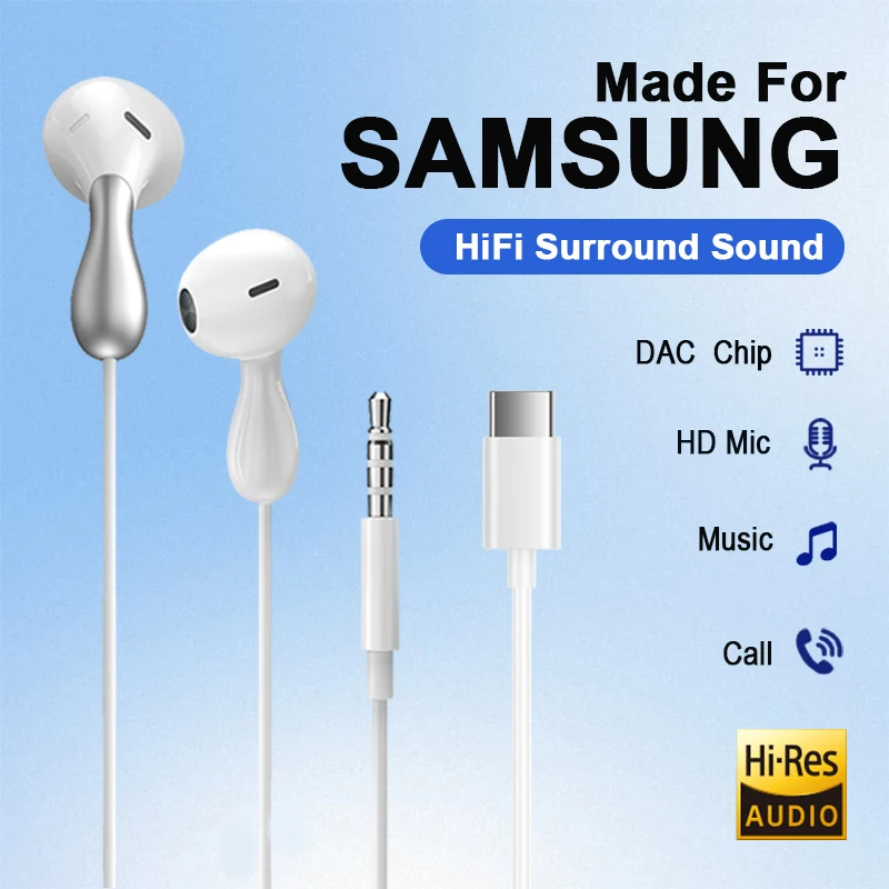 For Samsung Wired Headphones HiFi Surround Bass With Mic Type c 3.5mm Music Earphone For Galaxy S24 23 22 iPhone 16 15 Pro Max