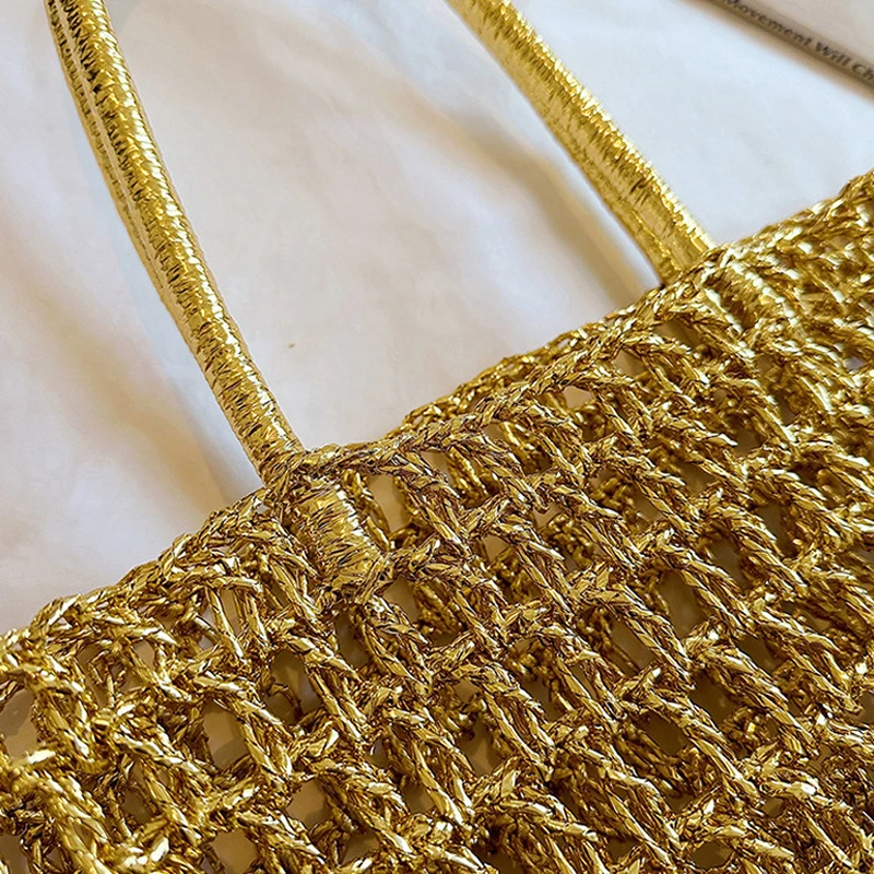 Goldene Hohlgeflechtte Shopper-Markttasche, Damen Casual Chic Strand- und Pendler-Tragetasche, Koreanische Bucket-Handtasche – Detail 5