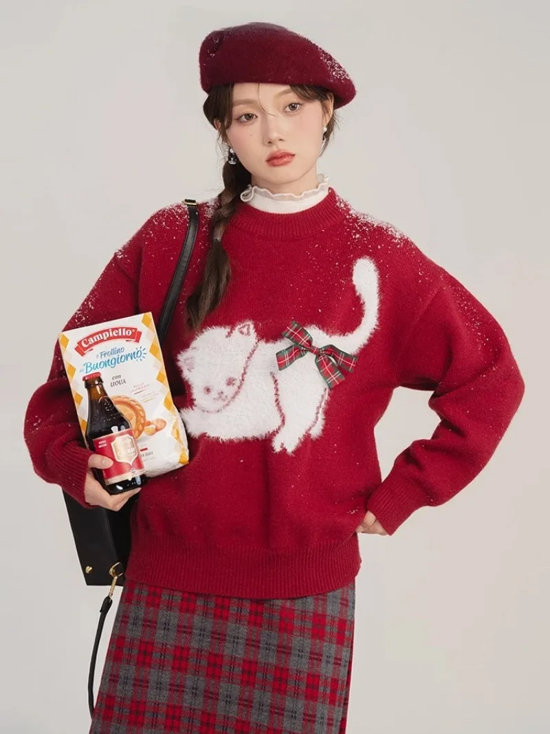 NONSAR الحلو لوليتا سترة المرأة لطيف القط القوس الياقة المستديرة فضفاضة Vintage البلوز الخريف الشتاء أسود أحمر عيد الميلاد البلوزات