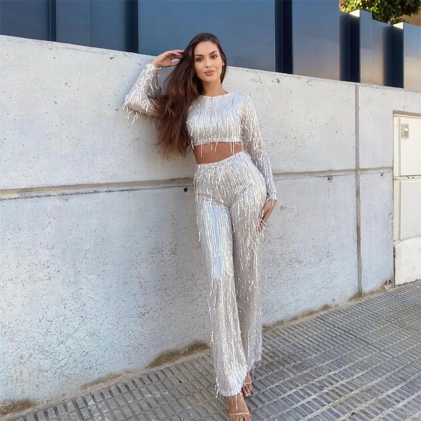 Women Tassel Sequin Party 2 Piece Set Autumn Winter Shiny Silk O-neck Crop Tops Wide Leg Pants Female Suit Fashion Street Lady S