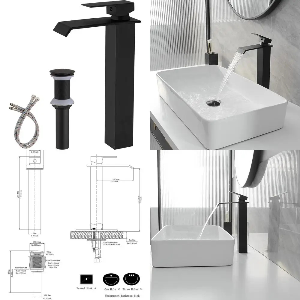 

Black Single Hole Vessel Sink Faucet with Pop-Up Drain and Waterfall Spout for Bathroom Vanity Basins