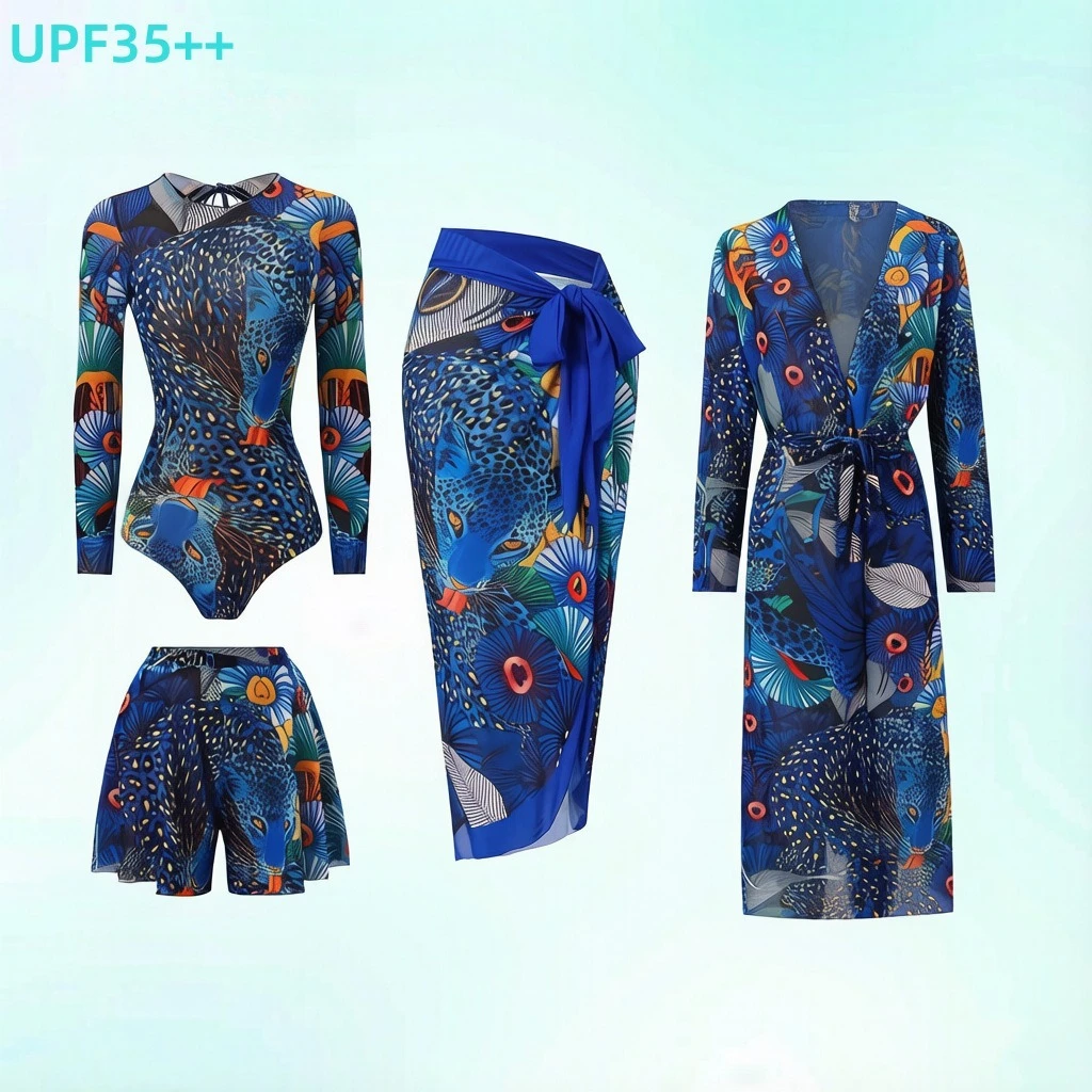2026 Women 4Pcs Leopard Floral Print Swimwear Set Long Sleeve Mesh Rash Guard + Beach Cover Up Robe Wrap Skirt Shorts Купальник