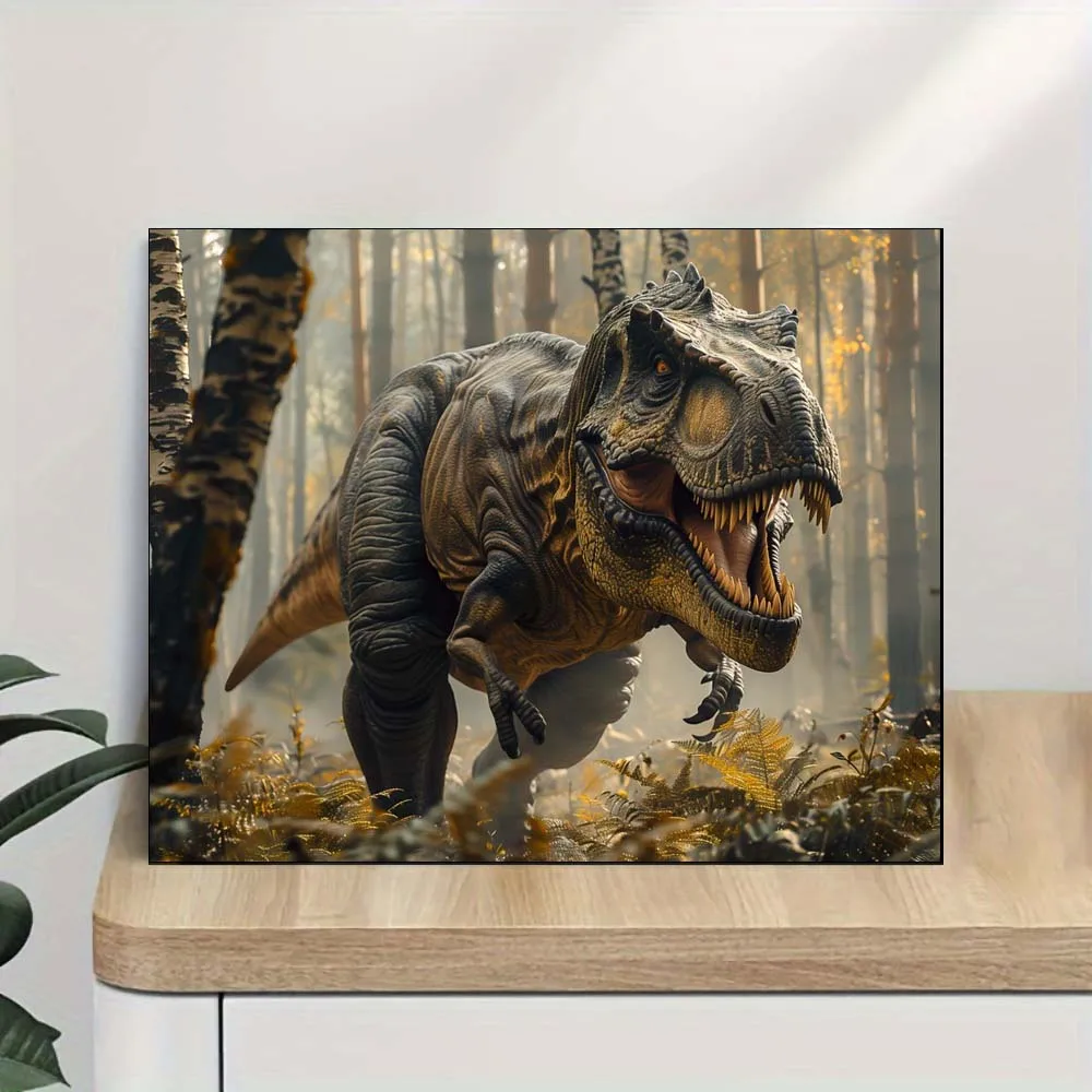 

Realistic T Rex in Birch Forest Autumn Ferns Misty Atmosphere Canvas Art Beginners Adult Diy Paints By Numbers Kit Without Fram
