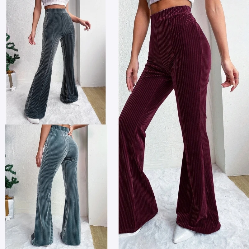 Elegant High Rise Corduroy Belled Bottom Pants for Women Stylish Flared Leg Pants for Casual Wear Warm Winter Trousers