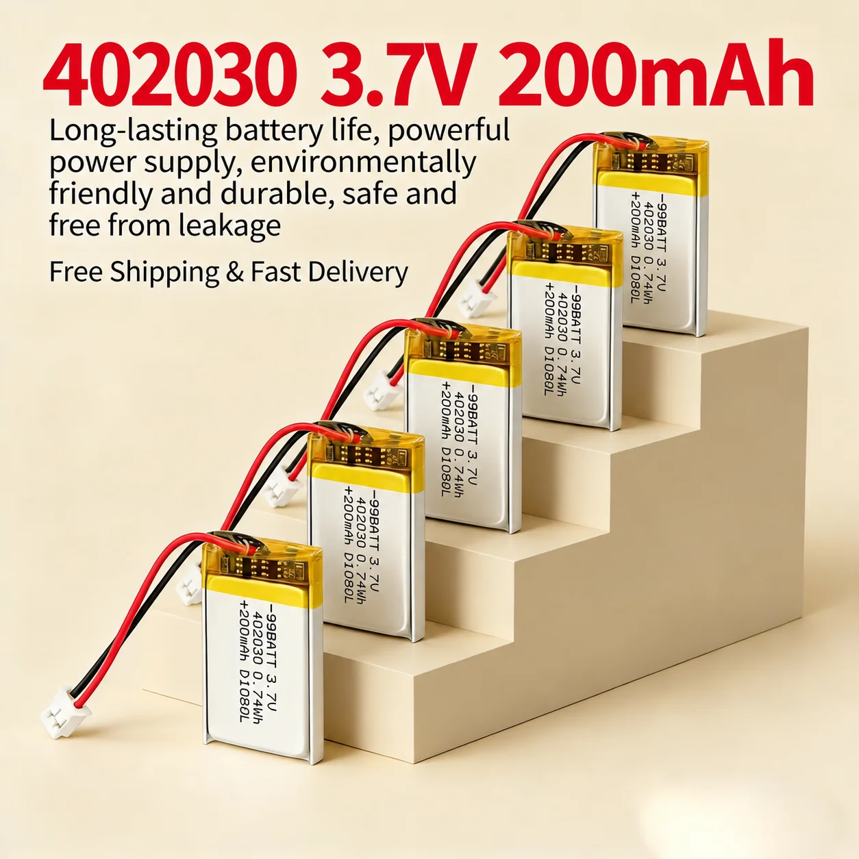 10x 3.7V 200mAh 402030 042030 Lithium Ion Polymer Battery for Bluetooth Headphone, Smart Bracelet, Webcam, MP3 Player Lipo Cell