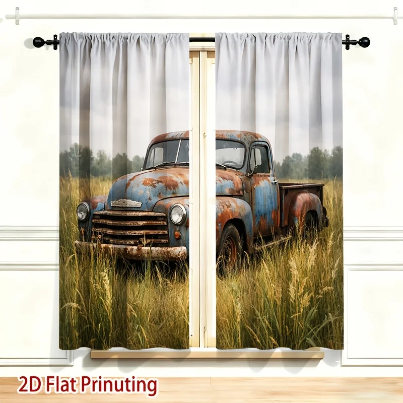 2pcs Rustic Vintage Truck Farm Field Curtain for Country Home Decor Nostalgic Rural Style Drape