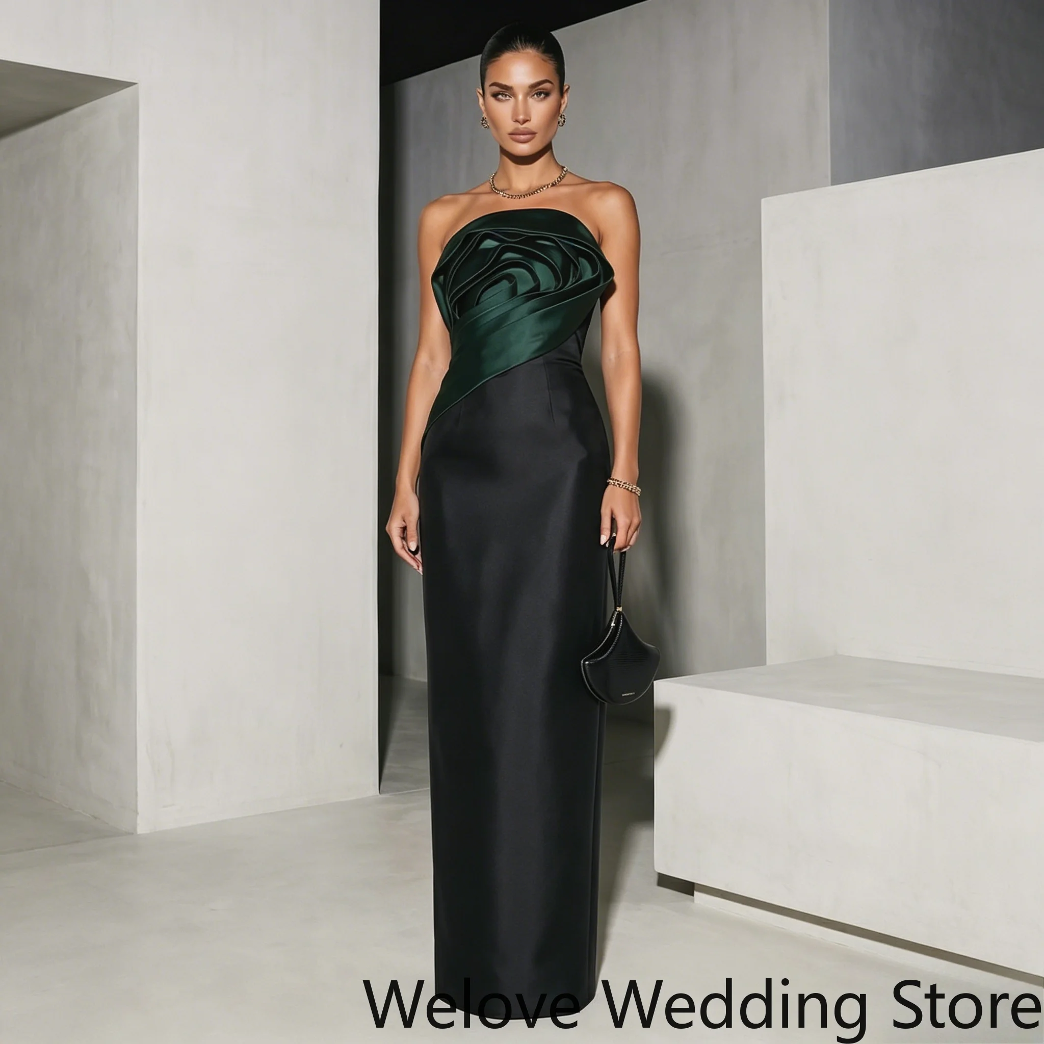 Sleek Black and Dark Green Formal Evening Gown featuring a modern strapless design an asymmetric satin bodice in rich dark green