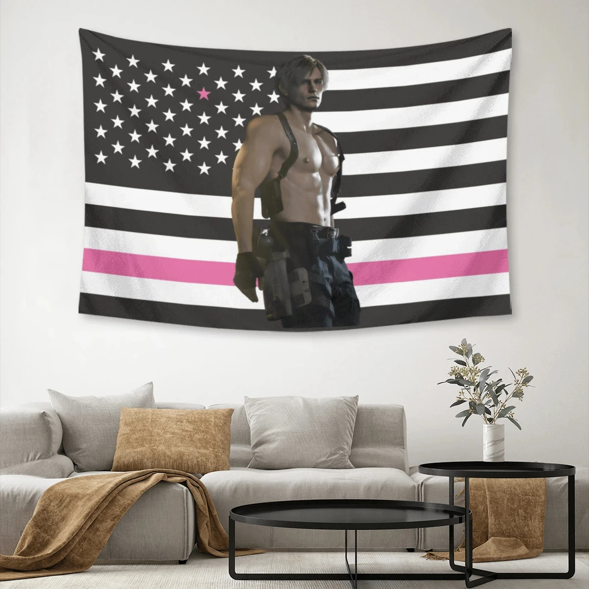 Resident Evil Leon S. Kennedy Pink Flag Tapestry RE9 Video Game Indoor Wall Hanging Decor