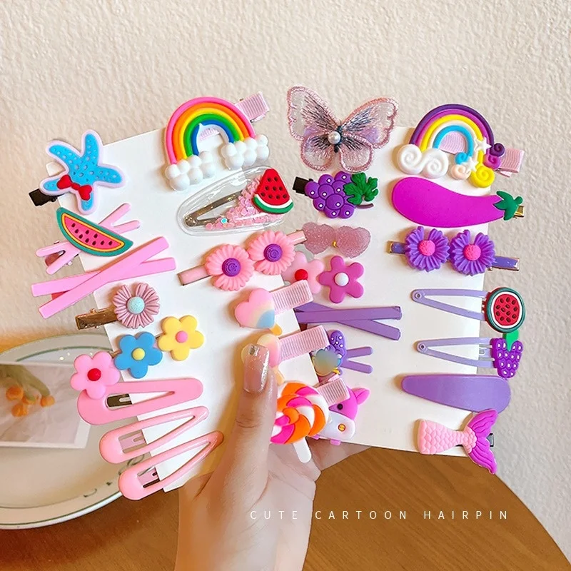 14Pcs/set Children's Hairpin Cute Bb Clip Girls Broken Hair Bangs Side Rainbow Girls Headgear Gift Cartoon Flowers image 4