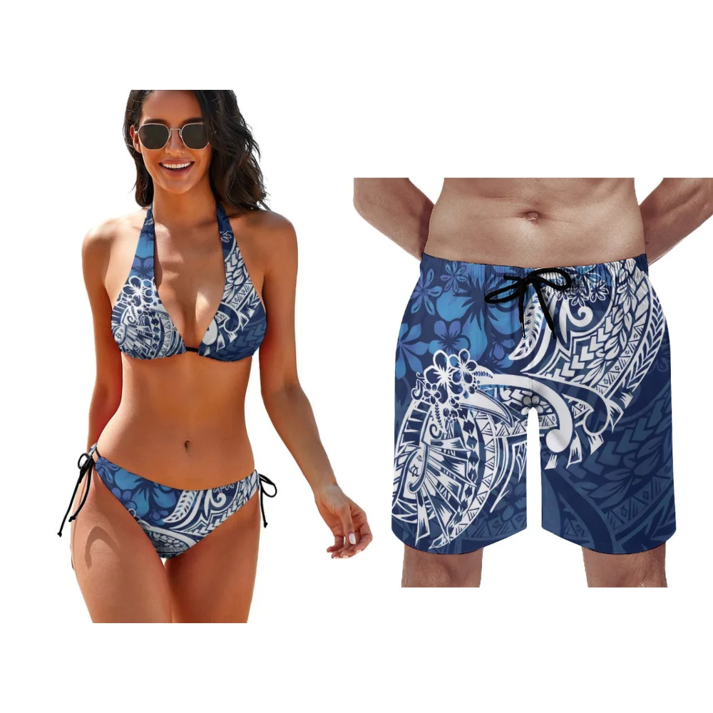 Polynesische Patroon Bloemenprint Veters Badpak Zwembad Party Paar Pak Zomer Custom Paar Pak Vrouwen Bikini Mannen Strandbroek