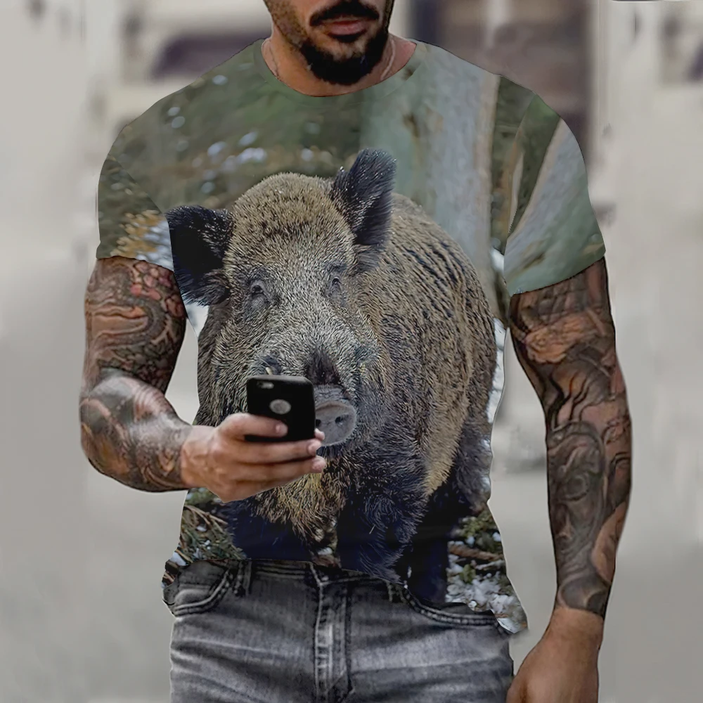 Wild Boar 3D printed T-shirt Men\'s short sleeve o collar Outdoor hunter Animal loose dry Breathable personality clothing