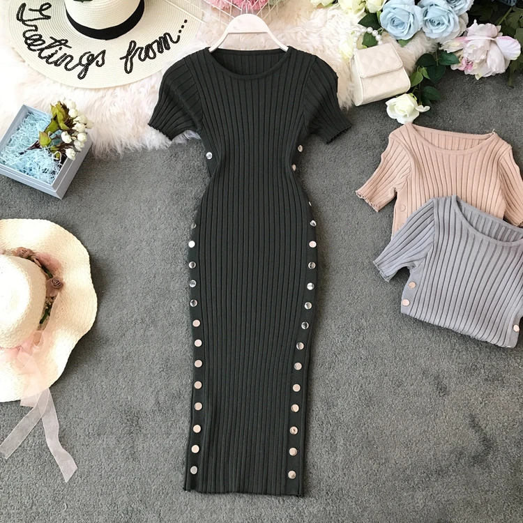 Chic Knit O Neck Double Breasted Bodycon Dress Short Sleeve Women Elegant Korean Fashion Vestidos Summer Pencil Dress