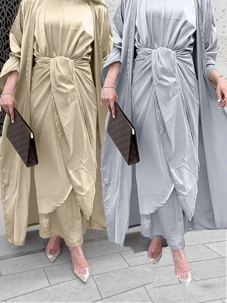 Eid Muslim 3 Piece Abaya Dress Set Women Morocco Party Dresses Belted Kaftan V-neck Maxi Prayer Abayas Maxi Long Vestidos 2026