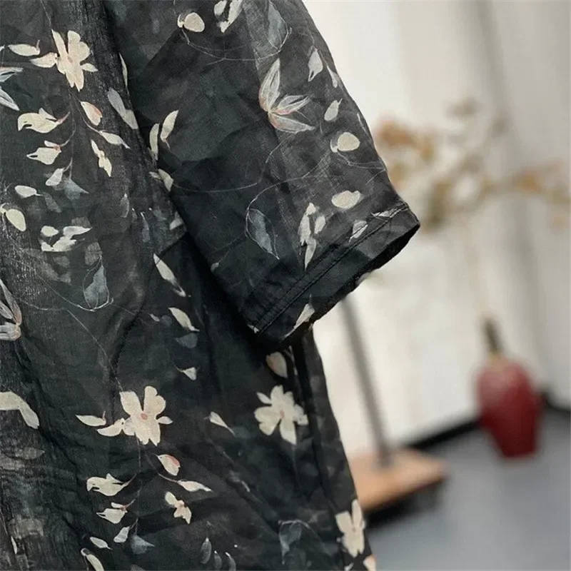 Chemisier en lin à imprimé floral rétro pour femmes, chemise élégante à simple boutonnage, col rond, manches 3/4, niche ary