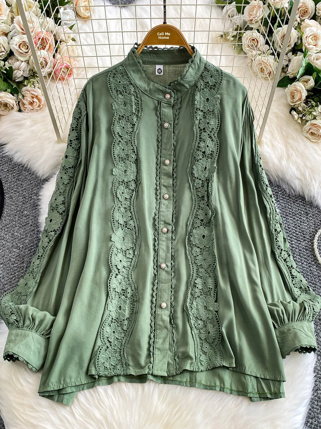 Retro Spitze Patchwork Stehkragen Laterne Sve irt Damen Herbst Anti-Aging Sanftes Blaues Top Court Sle Loose Fit Lang S...