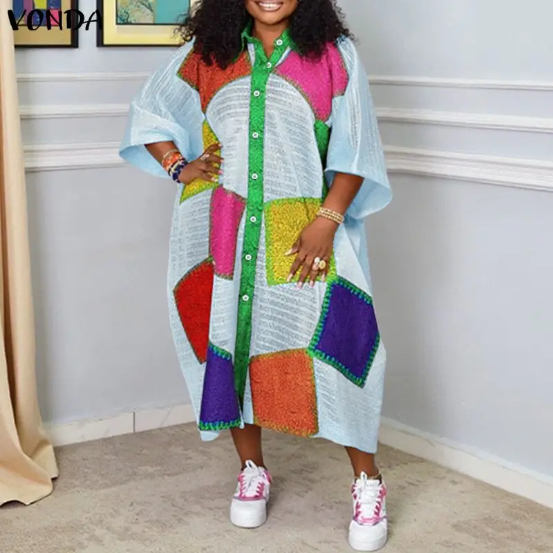 Plus Size 5XL VONDA Bohemian Long Dress Women Lapel 3/4 Sleeve Color Patchwork Party Vestidos Casual Vintage Oversized Robe