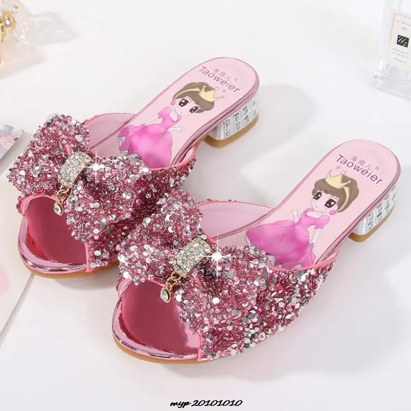 Disney Girls Sandals Cosplay Slipper Sequined Princesse Children High Heel Party Dress Shoes Leather Slipper For Kids Slides