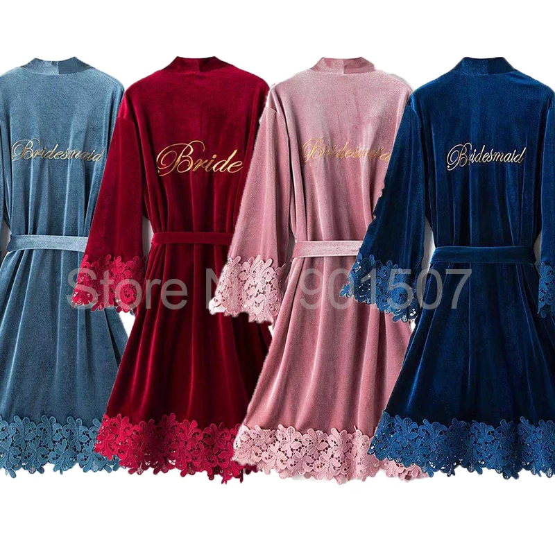 

Lace Velour Bride Bridesmaid Wedding Robe Sexy Women Homewear Bathrobe Gown Embroidery Letter Velvet Sleepwear Nightgown