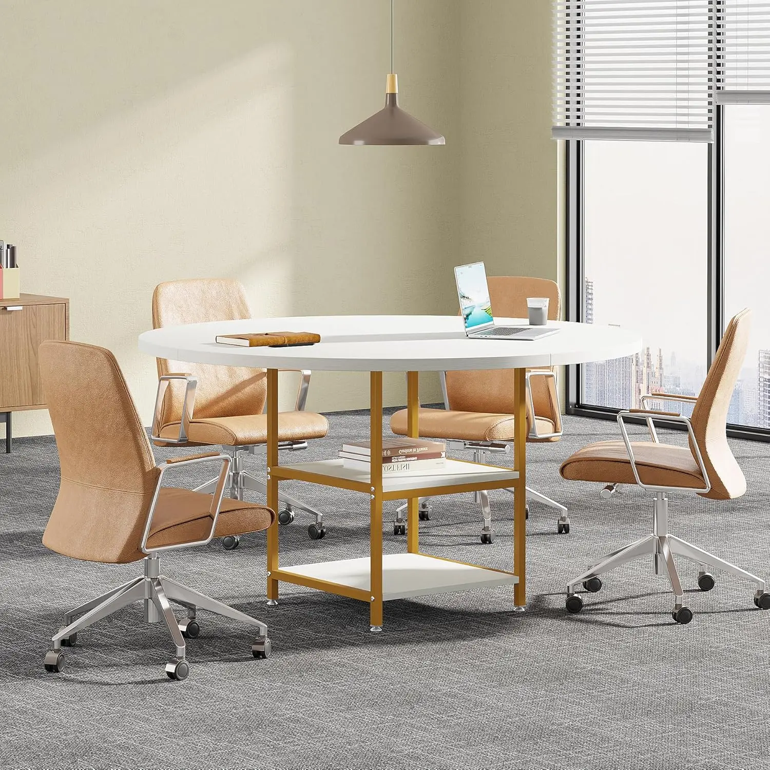 طاولة مؤتمرات مستديرة مقاس 47 بوصة تتسع لـ 4-6 أشخاص، وطاولة غرفة الاجتماعات مع رف تخزين، لغرفة ندوة غرفة الاجتماعات #6