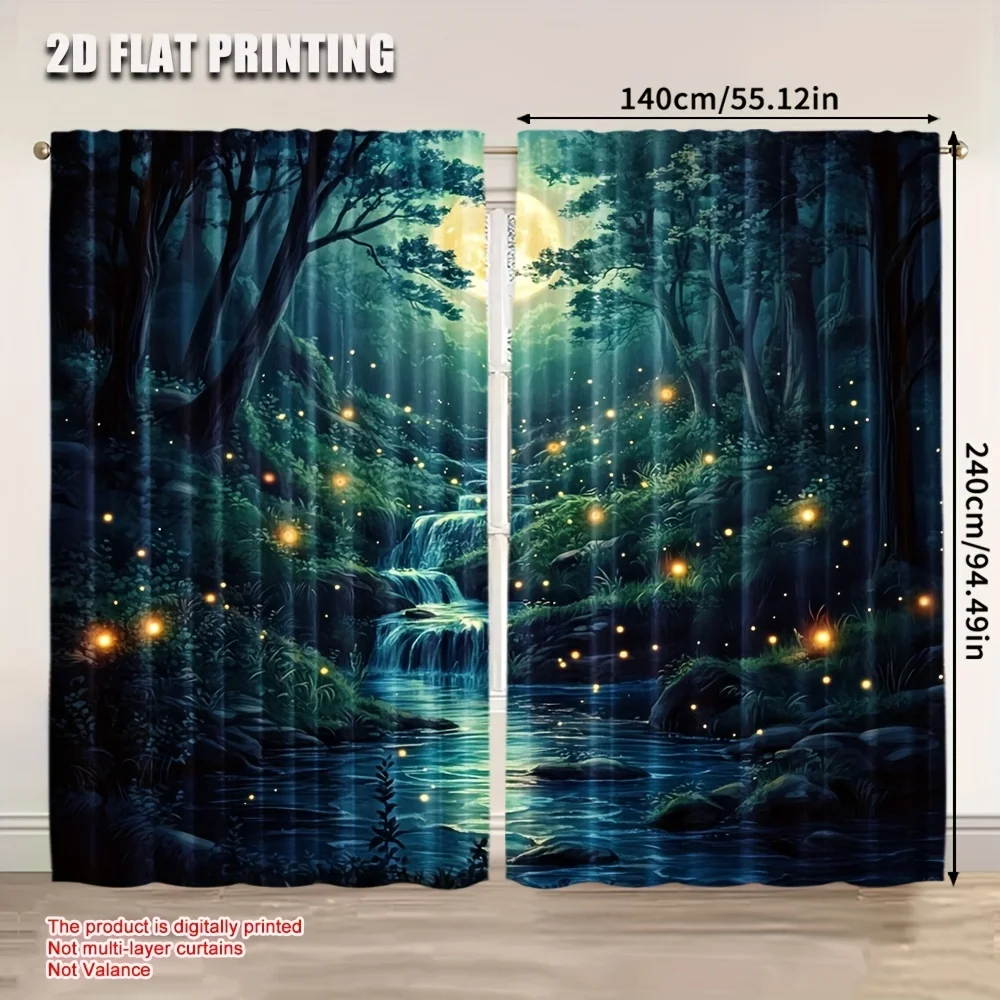 2pcs Enchanted Forest Blackout Curtains - 2D Flat Printed Moonlit Waterfall & Fireflies Scene, 100% Polyester Machine Washable R