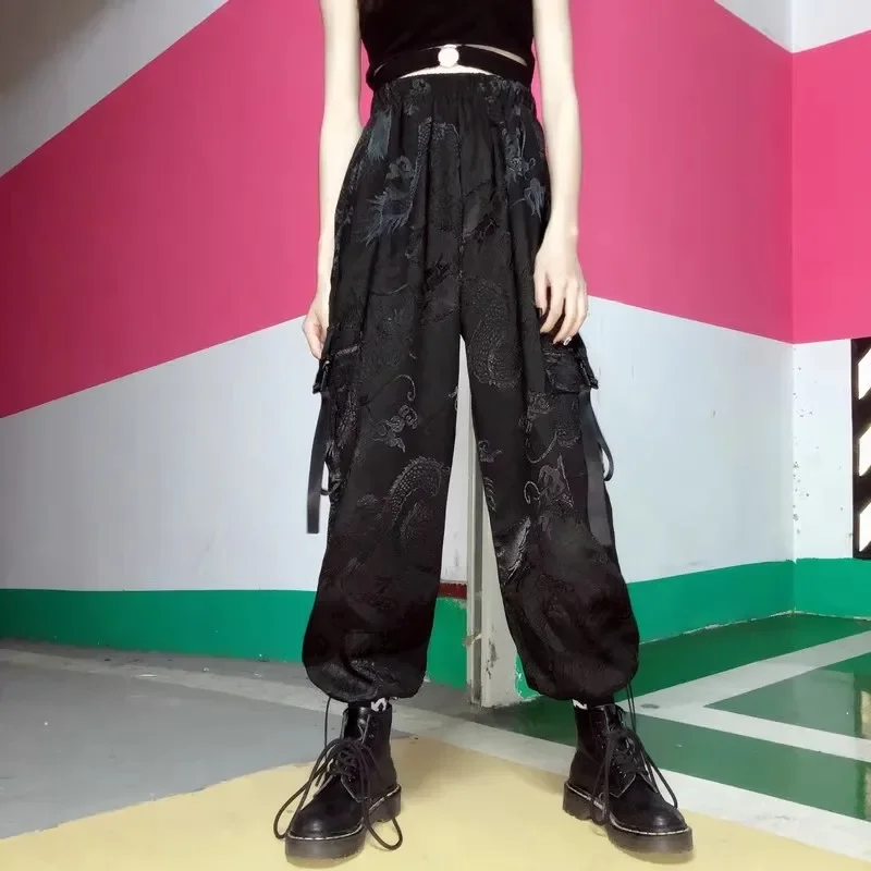 Harajuku Women Black Pants Japan Cool Retro Dragon Printed Chain Pockets Fashion Trousers High Street Chic Hip-hop Sweatpants