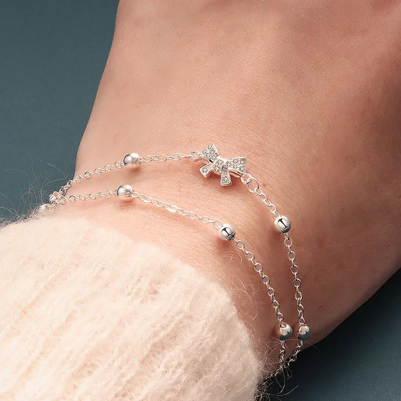 

925 Sterling Silver For Women Double-Layered Bow Chain Bracelet Cute Romantic Jewelry Party Gift Dropshipping Wholesale