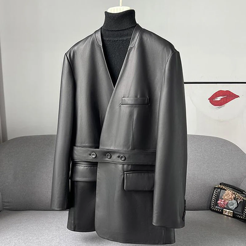 2023 V-Neck Slim Genuine Sheepskin Coat Autumn Fashion Belt Simple Style Genuine Leather Coat Women's Pocket Button Leather Coat