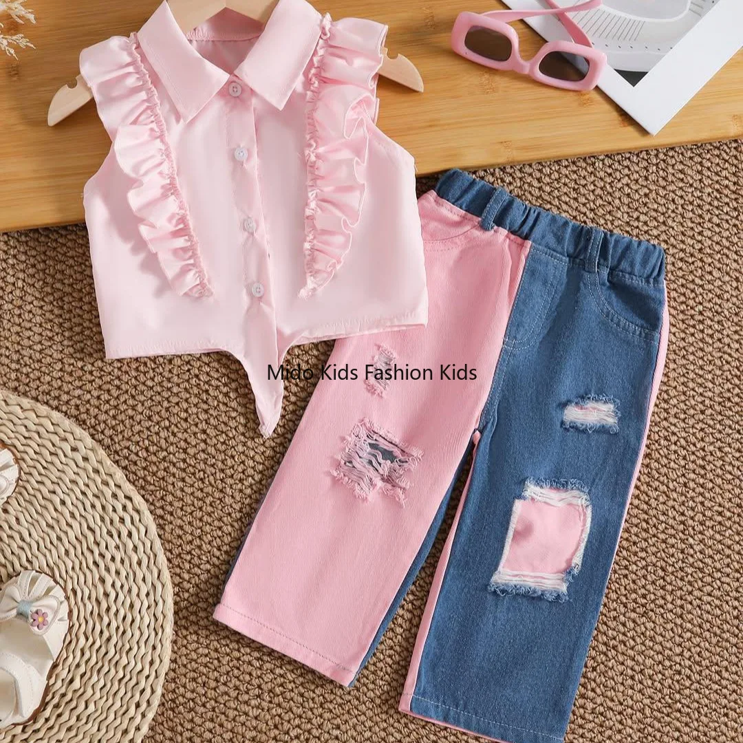 26 Spring Summer New Arrival Kids Girls Pink Lapel Sleeveless Shirt Color Block Ripped Jeans 2PCS Fashion Children Clothing Set
