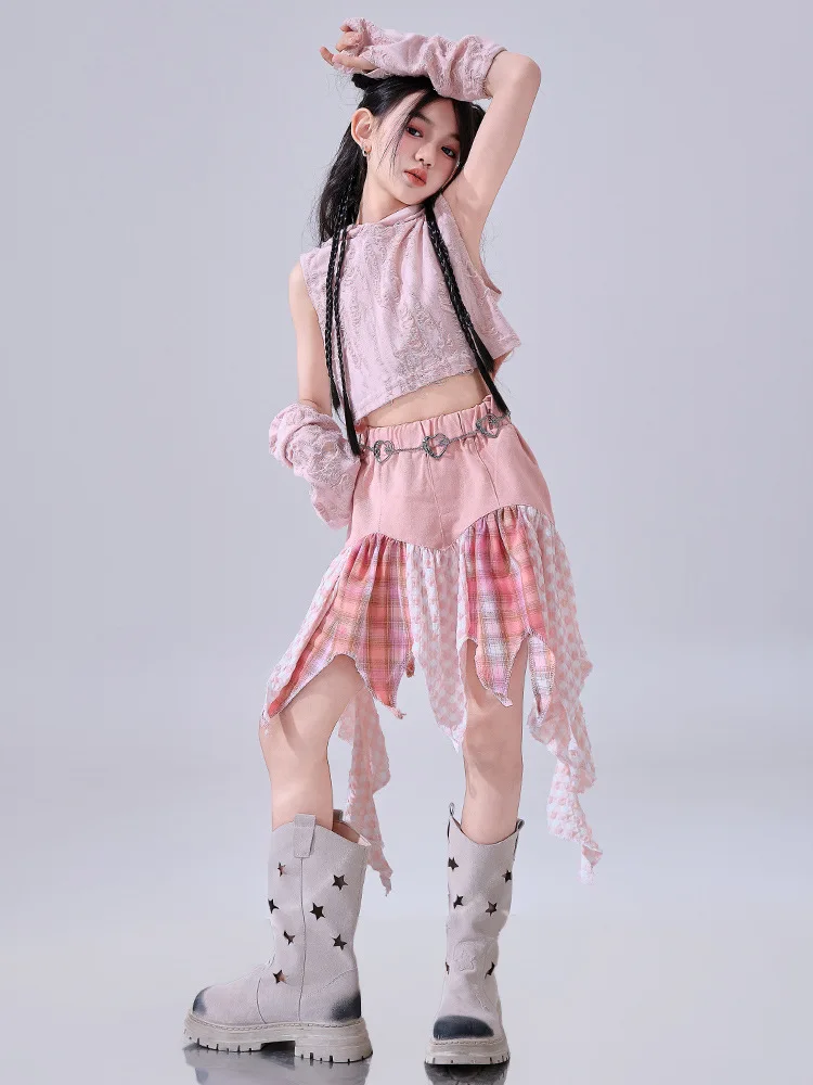Hip Hop Girls Clothes Kids Jazz Street Dance Costume Pink Hooded Top Pink Petal Skirt for Child Performance Outfit