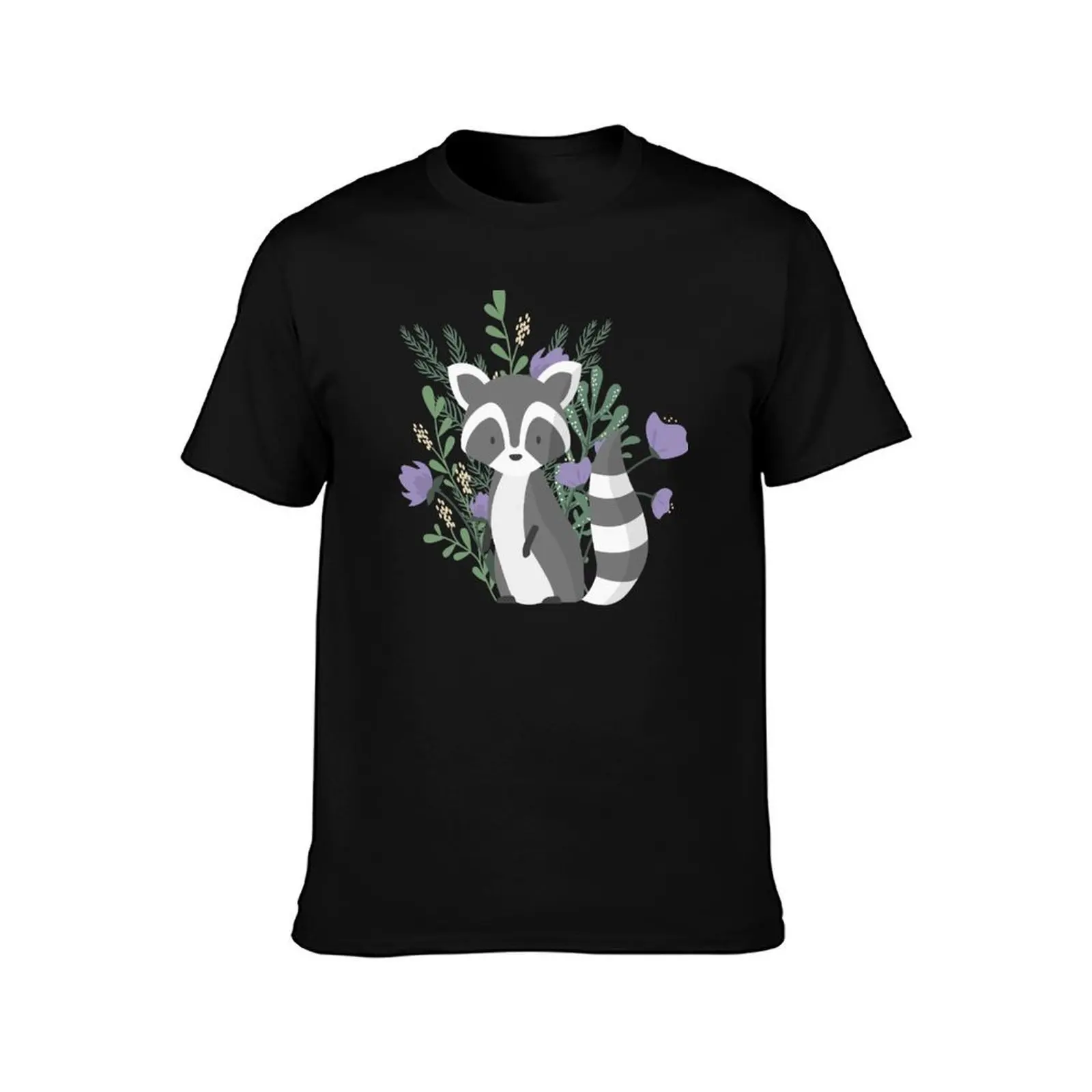 Cute raccoon with plants and purple flowers T-Shirt Fashion Print Casual Short Sleeve T-Shirt